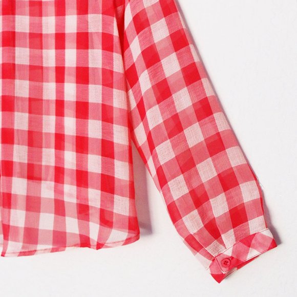 Free People Red Gingham Plaid Semi Sheer Flowy Button Front Shirt Size S Airy - Picture 11 of 15